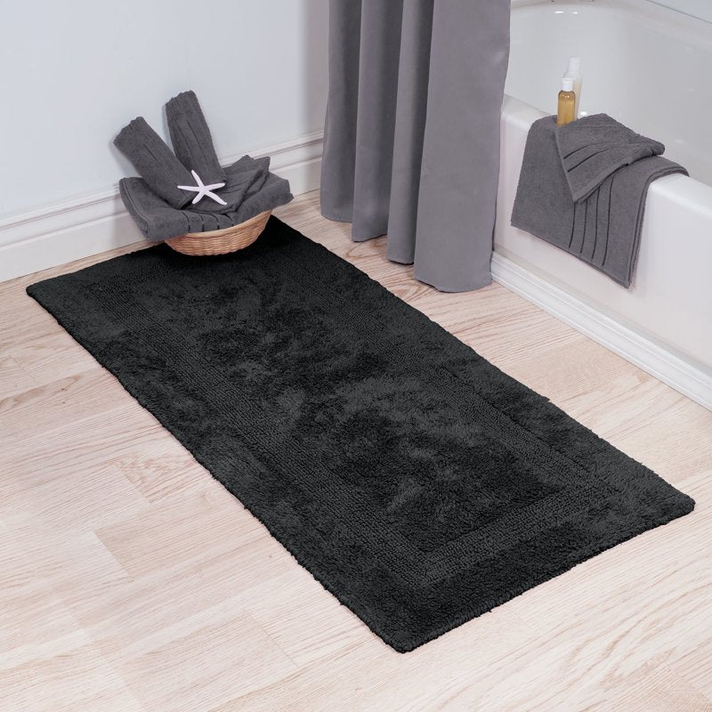 Black Cotton Bath Mat 60x24-Inch Machine Washable Bathroom Rug - Reversible