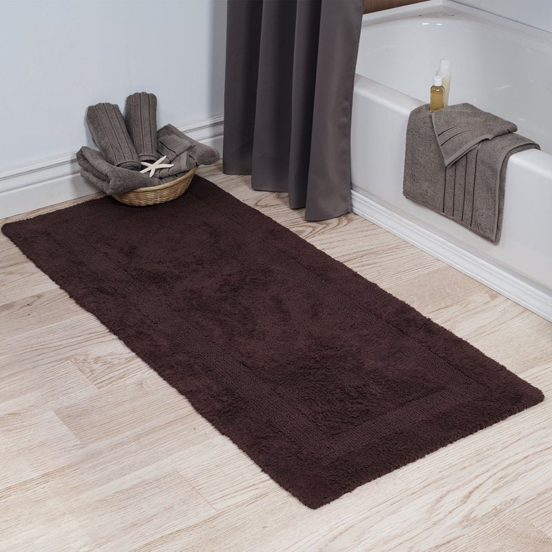 Machine Washable Cotton Bath Mat 60x24 Inches - Chocolate - Reversible & Absorbent