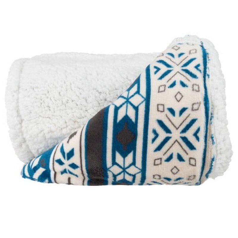 Reversible Blue Snowflake Throw Blanket with Sherpa Back - 50x60 Inches, Adult
