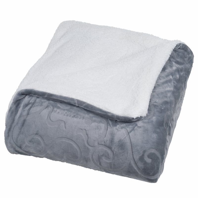 Queen Size Floral Etched Sherpa Throw Blanket - Gray, 86x90 Fleece Reversible Bed Cover