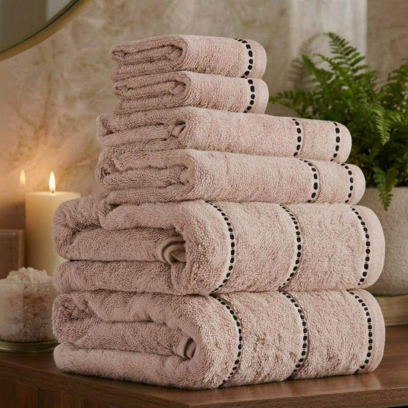 6-Piece Quick Dry Cotton Bath Towel Set with Taupe Accents - Spa & Gym Towels