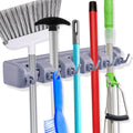 16-Inch Wall-Mounted Broom and Mop Organizer with Hooks - Gray