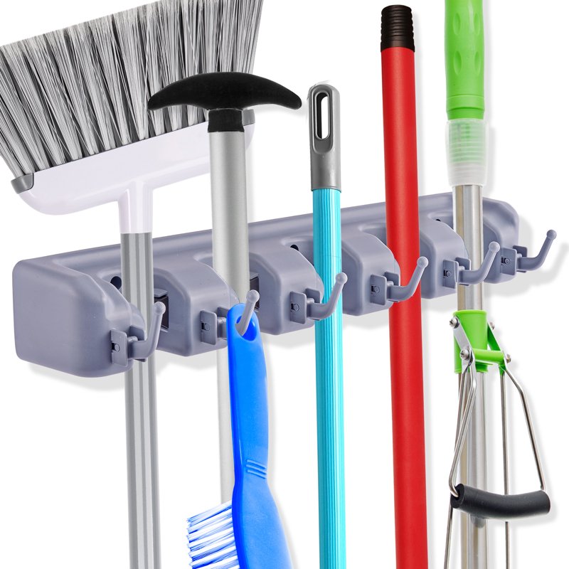 16-Inch Wall-Mounted Broom and Mop Organizer with Hooks - Gray