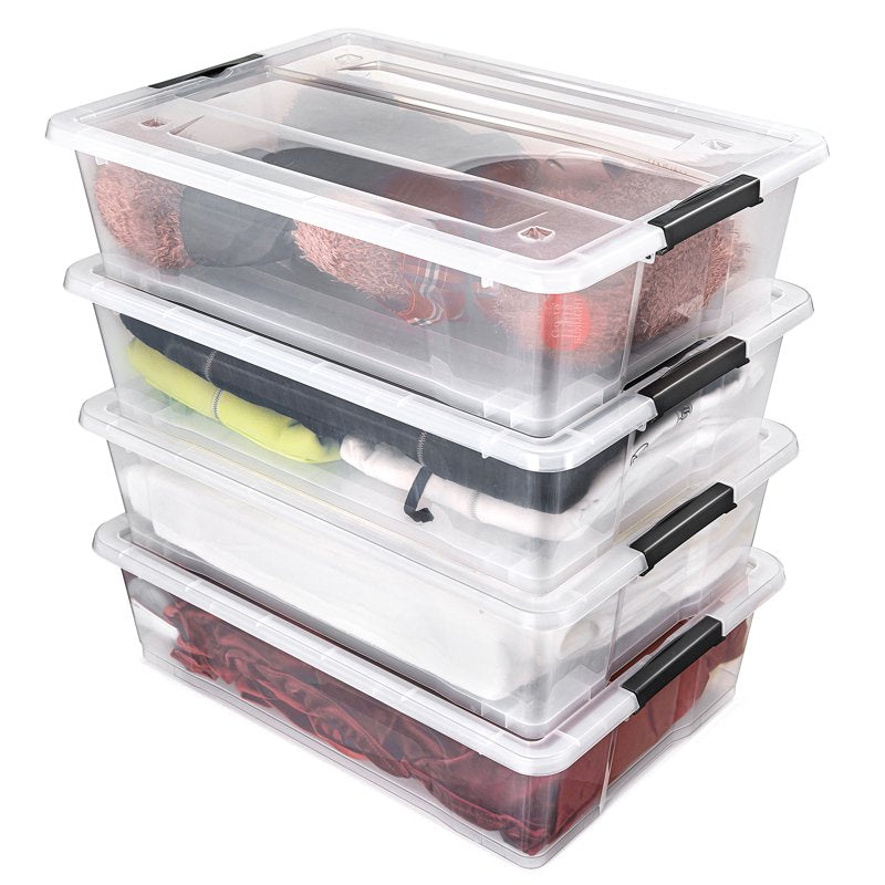 Underbed Storage Bins 40Qt Stackable Clear Plastic Containers - 4 Pack