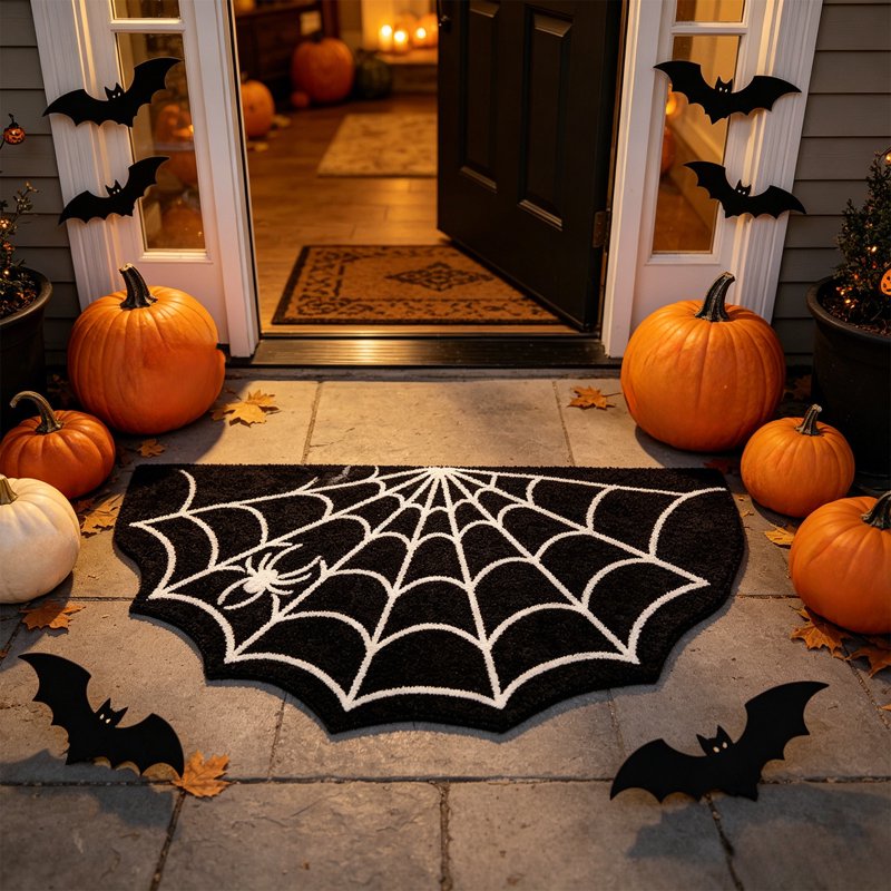 Halloween Spider Web Bath Mat - Non-Slip 24x16 Inch Gothic Rug for Bathroom & Entry - Variation A