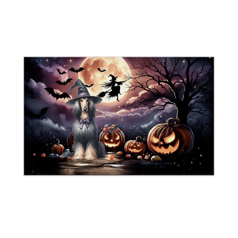 Rubber Doormat 24x16in - Halloween Witch Afghan Hound Glow Pumpkins Dog Lover Entrance