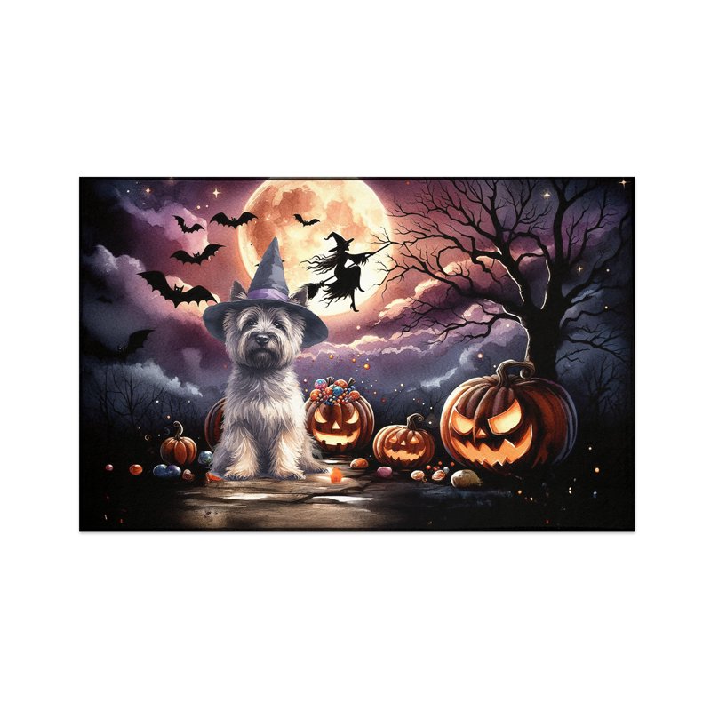 Pet-Themed Halloween Rug - Cairn Terrier & Pumpkins Indoor Carpet 36" x 60" - Variation of Cairn Terrier
