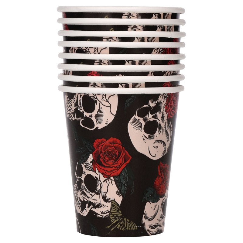 Halloween Skulls and Roses Disposable Paper Cups - 9 oz, Multicolor, 8 Pack
