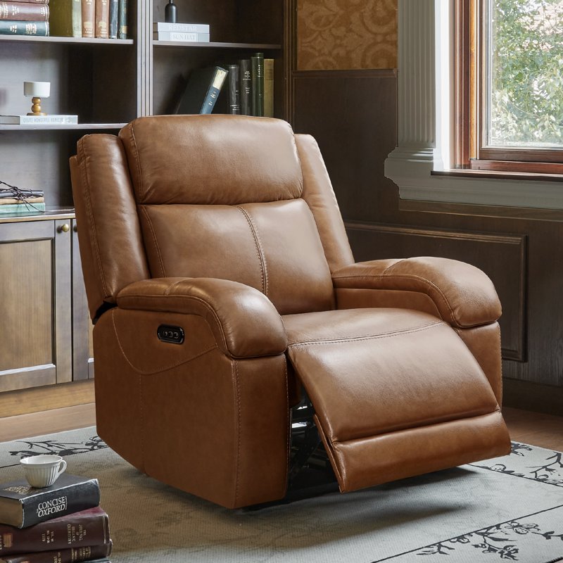 Genuine Leather Wall Hugger Power Recliner with Dual Motors