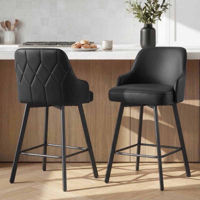 Swivel Counter Stools Set of 2 - Modern Faux Leather - Black