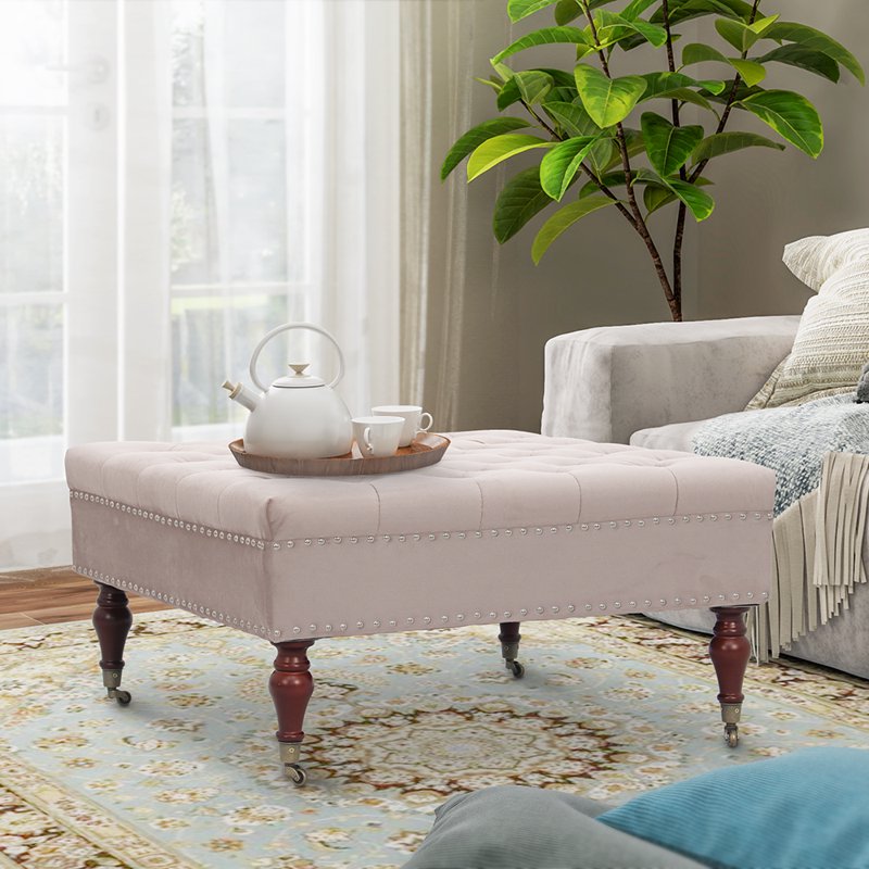 Square Velvet Tufted Cocktail Ottoman with Wheels - Multiple Colors