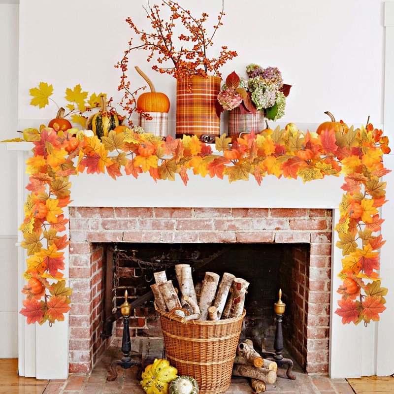 Fall Maple Leaf and Rattan Garland for Halloween & Thanksgiving - Orange, Variation #04