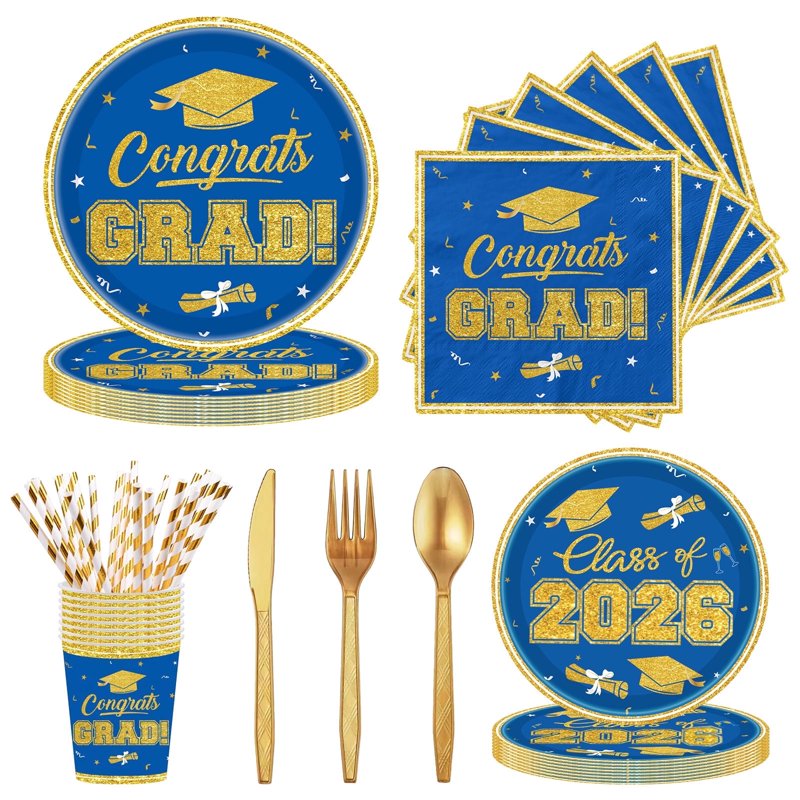 Graduation Plates and Napkins Party Supplies - Class of 2026 Congrats Grad Disposable Set - Blue
