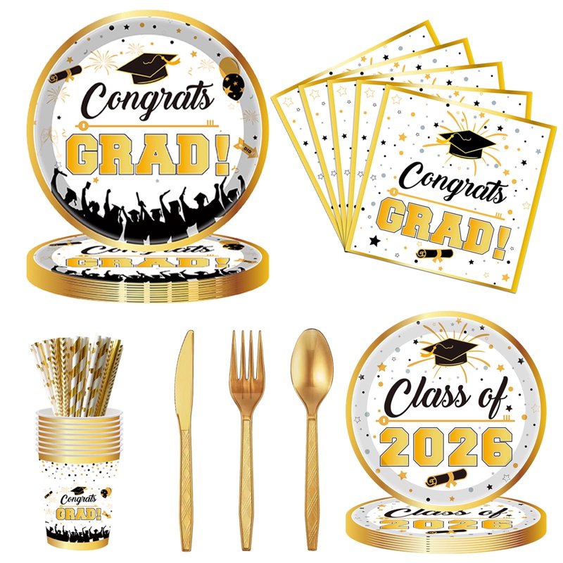 Graduation Plates and Napkins Party Supplies - Class of 2026 Congrats Grad Disposable Tableware Set - White Variation