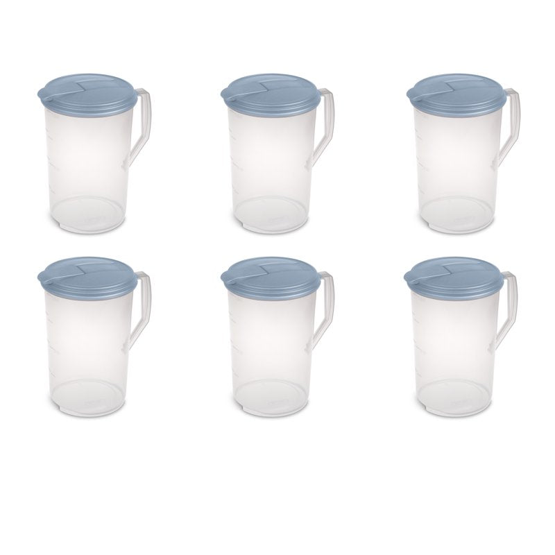 1 Gallon Round Pitcher - Clear Plastic with Flip-Top Spout, Light Blue, 6 Count