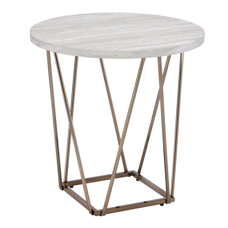Contemporary 24" Round Genuine Marble End Table - White/Copper