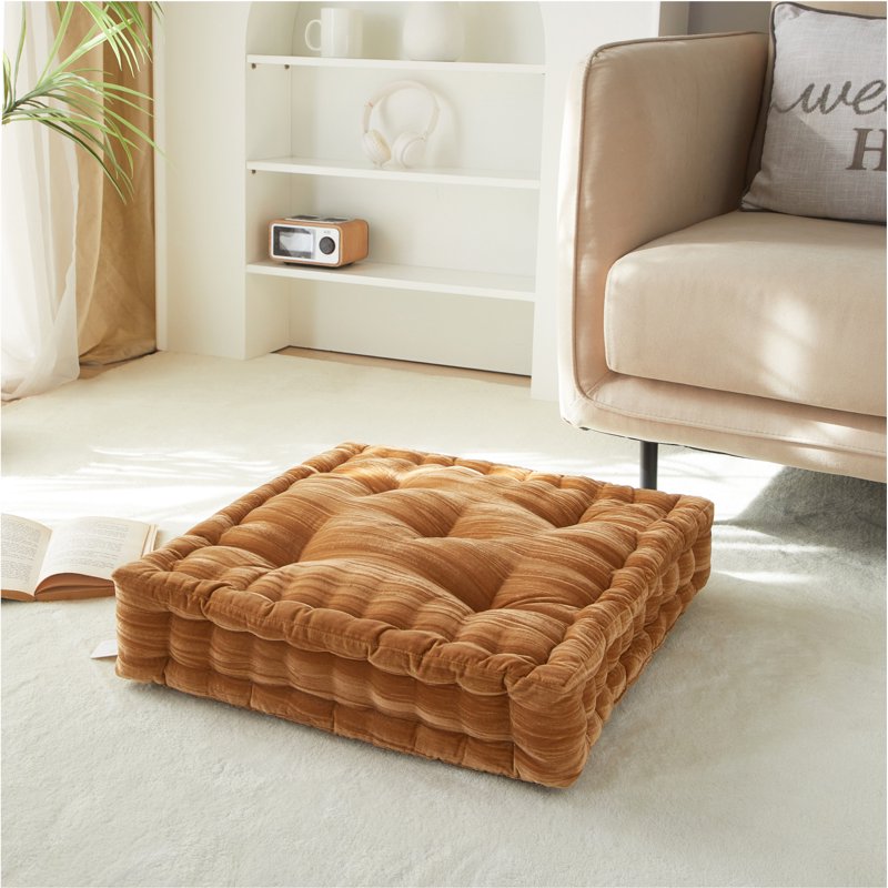 Yellow Velvet Floor Pillow 20x20 Inch Lounge Cushion for Living Room & Bedroom