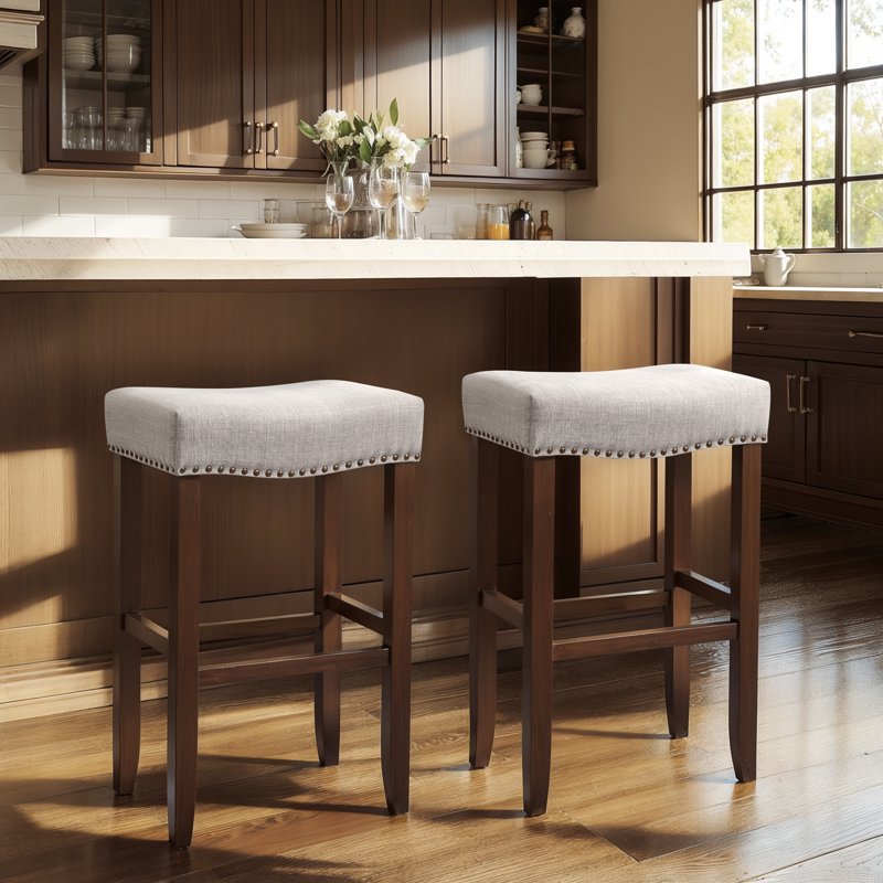 29" Backless Bar Stool Set of 2 - Gray Wood Upholstered