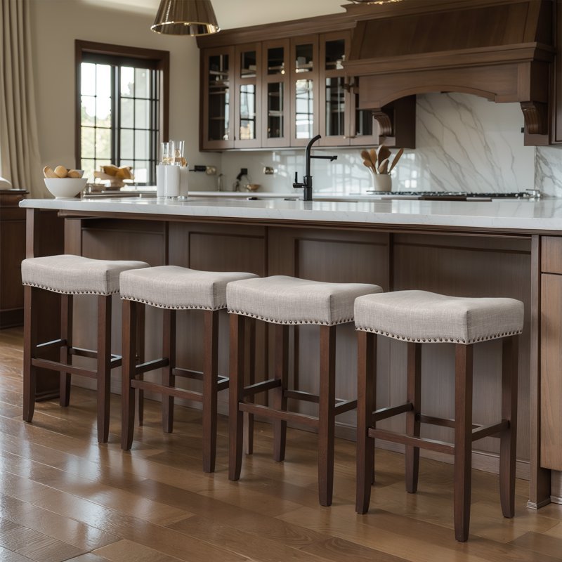 29" Backless Saddle Bar Stool Set of 4 - Gray Wood Upholstered