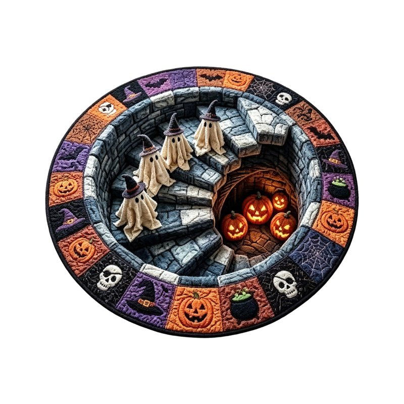 40x40cm Optical Illusion Halloween Round Rug - Spooky Ghost Pumpkin Floor Mat