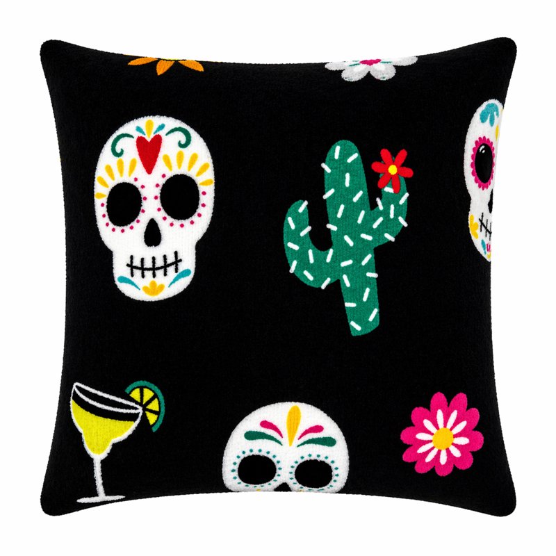 Summerween 18x18 Plush Decorative Pillow - Fiesta Skulls Black