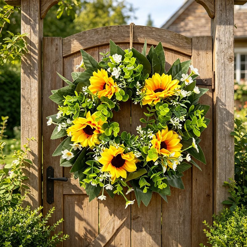 Sunflower Wreath Artificial Flower Door Decor Spring Summer 14 Inch - Variation 720-1-14