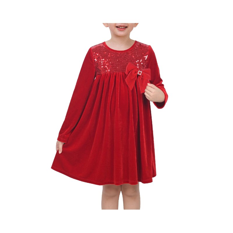 Girls Red Velvet Sequin Bow Dress for Xmas Pageant Weddings - 10 Years