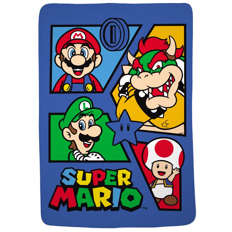 Super Mario Kids Blue Print Fleece Bed Blanket - Licensed Mario Variation