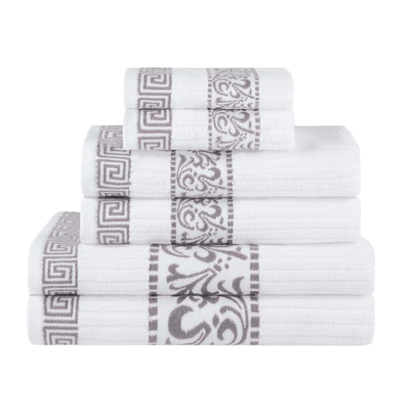 Greek Scroll Cotton Bath Towel Set - 6-Piece Quick Dry Towels - Chrome Variant