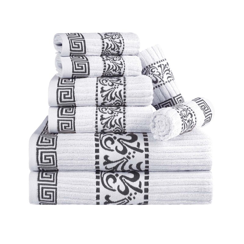 Superior Athens 8-Piece Cotton Greek Scroll Towel Set - Grey, Quick Dry