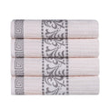 Greek Scroll Cotton Bath Towel Set of 4 - Ivory-Chrome, Quick Dry & Absorbent