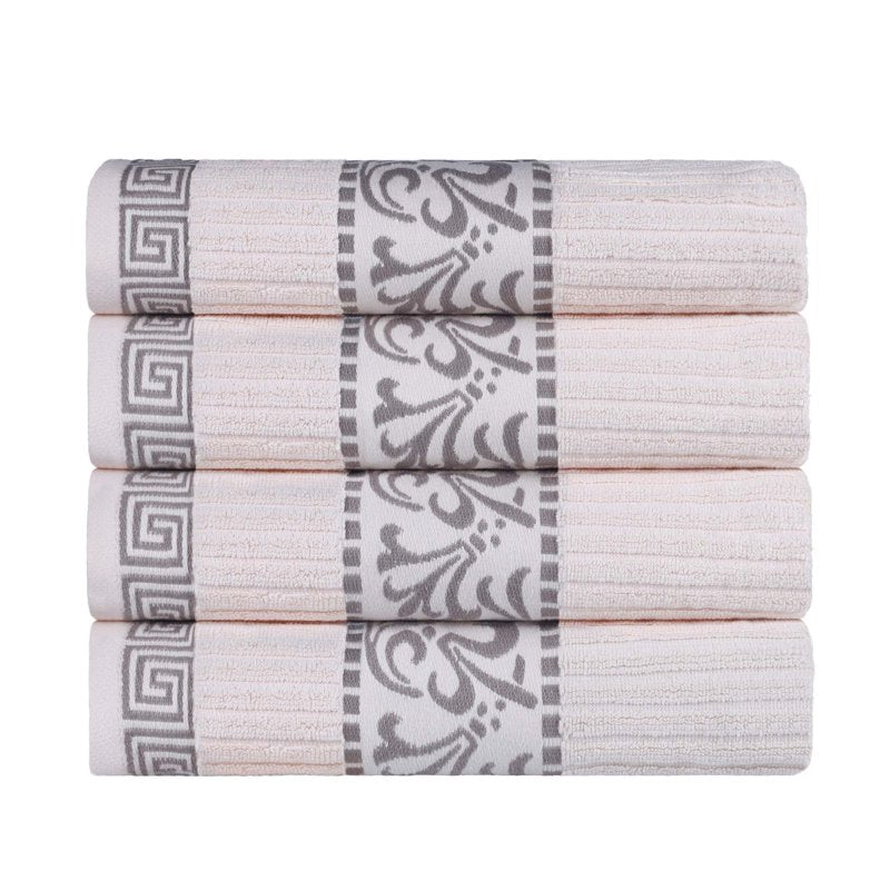 Greek Scroll Cotton Bath Towel Set of 4 - Ivory-Chrome, Quick Dry & Absorbent