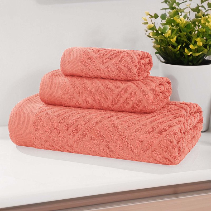 Coral Basketweave Egyptian Cotton 3 Piece Towel Set - Jacquard Bath Towels