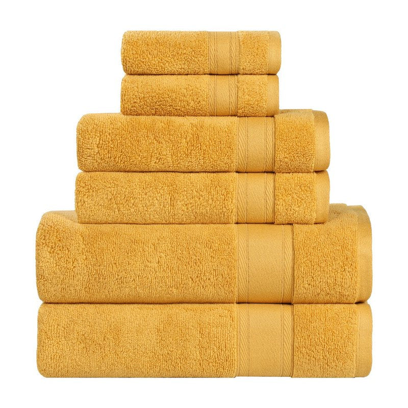6 Piece Gold Zero Twist Cotton Towel Set - Ultra Soft & Absorbent Bathroom Towels with Border