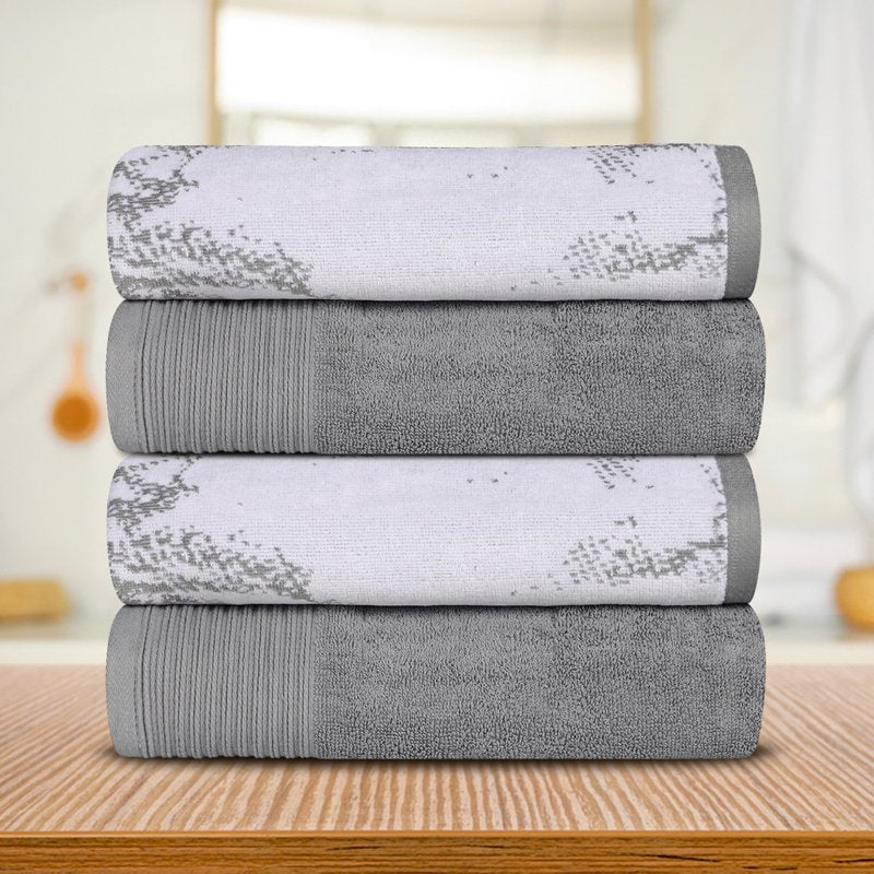 Gray Bath Towel Set - 4 Premium Cotton Jacquard Border Towels - Superior