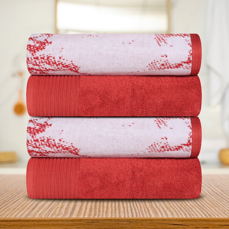 Terra Cotta Red Cotton Jacquard Border Bath Towel Set of 4 - Superior