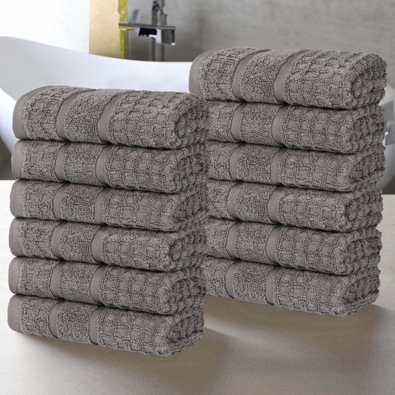 Charcoal Cotton Face Towel Set - 12 Pack Ultra Soft Quick Dry Towels with Waffle Border - Superior
