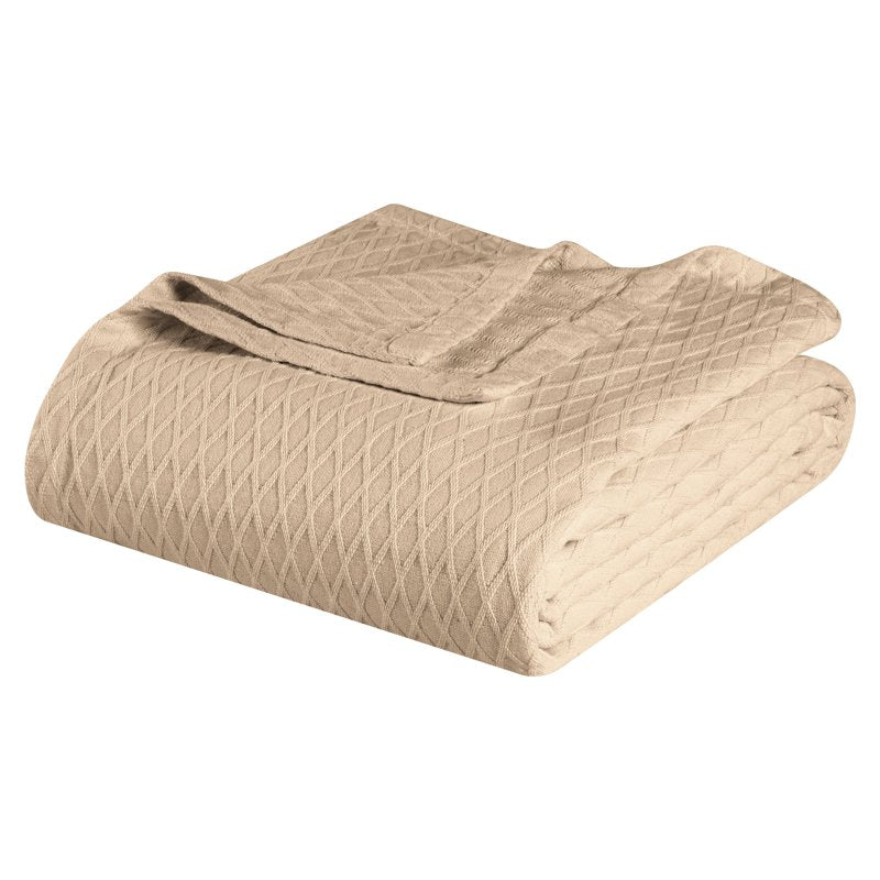All-Season Cotton Bed Blanket - Twin, Khaki - Superior Diamond Weave