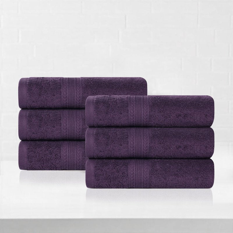 Eco-Friendly Cotton Hand Towel Set - Eggplant, 6-Piece Bathroom Linen with Chevron Border