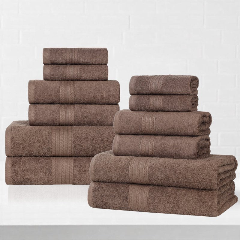 Eco-Friendly Cotton Coffee Towel Set - 12 Pieces, Includes Face, Hand & Bath Towels - Variation of Coffee, 12 Piece Towel Set