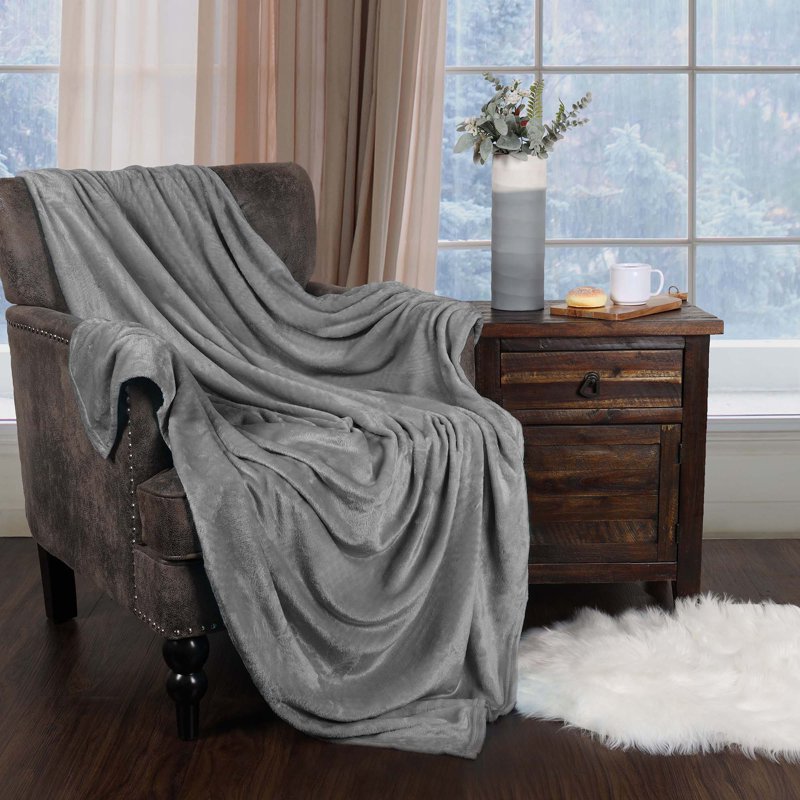 Superior Fleece Plush Soft Blanket - Solid Gray Throw - XL