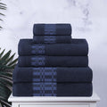 Navy Blue Cotton Towel Set - 6-Piece Embroidered Bath Towels with Geometric Pattern - Superior Larissa