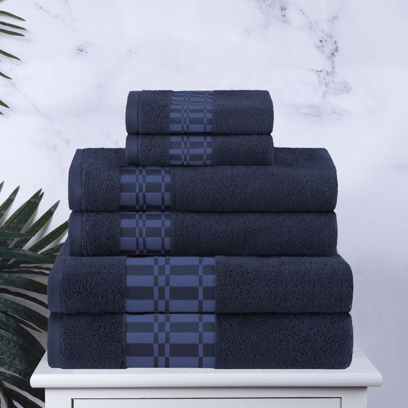 Navy Blue Cotton Towel Set - 6-Piece Embroidered Bath Towels with Geometric Pattern - Superior Larissa