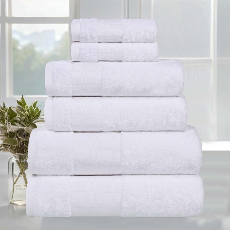 Cotton Embroidered Towel Set - 6 Piece White Bath Towel Collection - Superior Larissa Variation