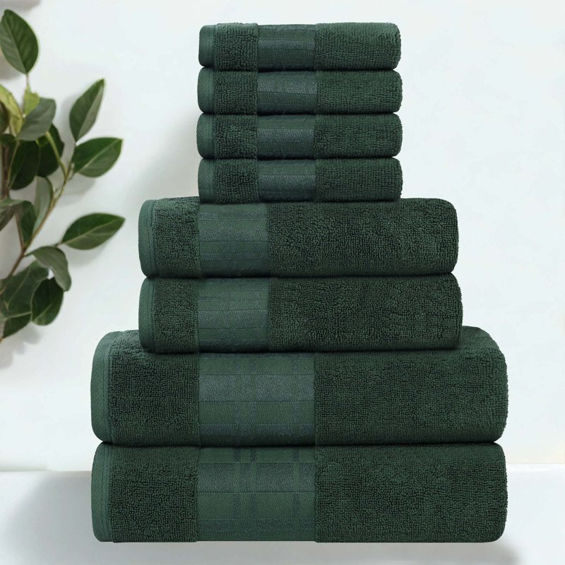 Forest Green Cotton Towel Set - 8-Piece Embroidered Bath Towels, Superior Larissa
