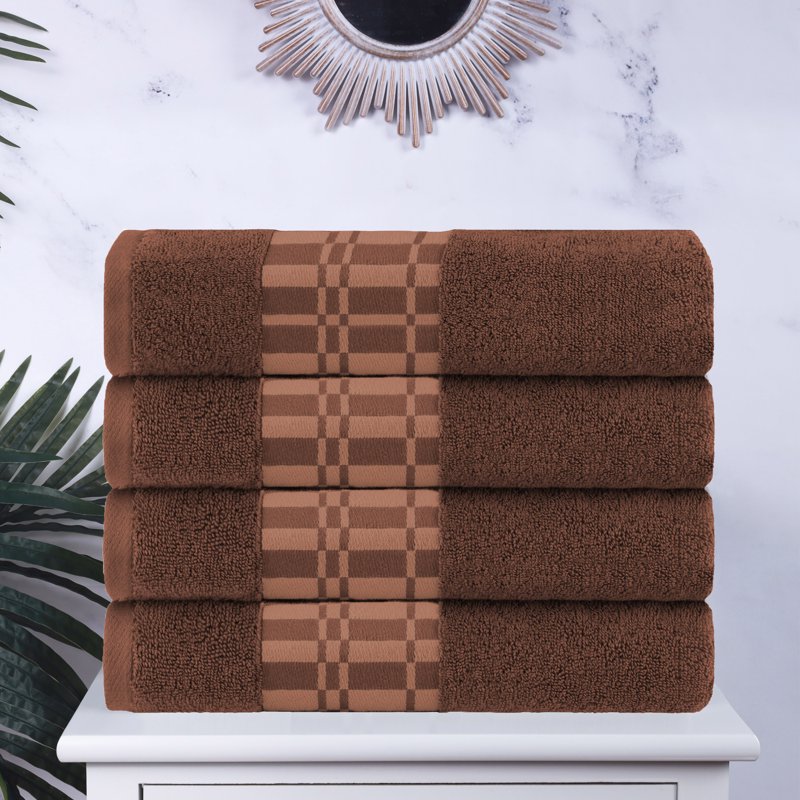 Bath Towel Set - 4-Pack Cotton Embroidered Towels in Chocolate - Superior Larissa