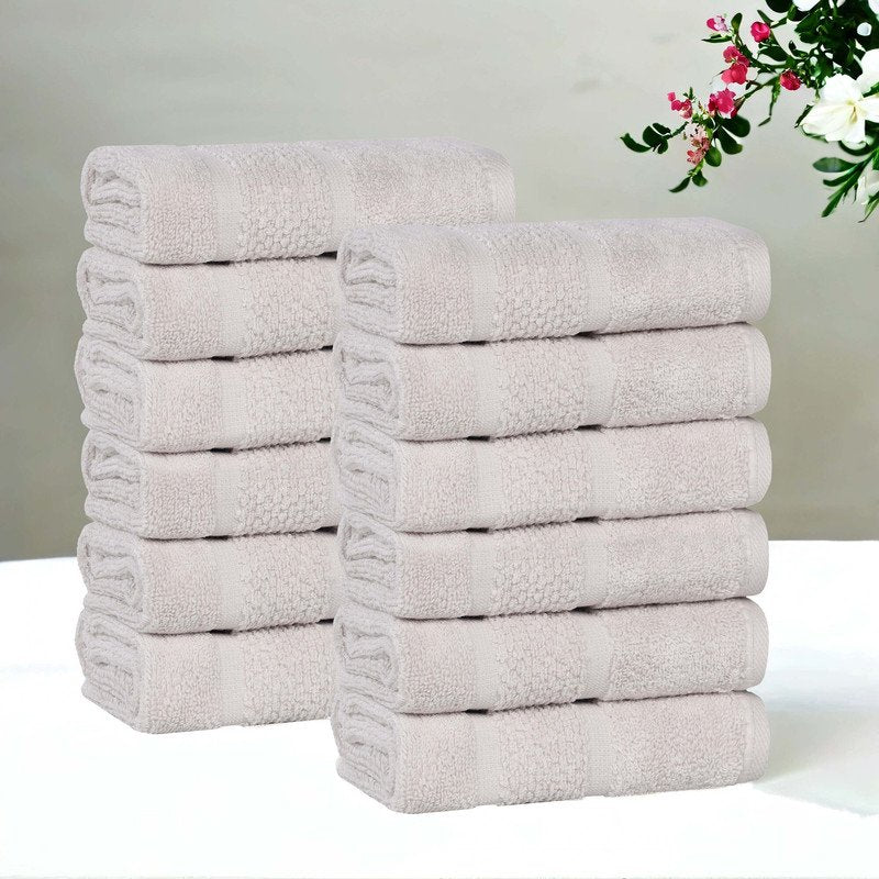Face Towels Set of 12 - Silver, Medium Weight, Ultra Absorbent, Spa-Style Washcloths with Border - 13x13 Inches, Cotton & Viscose Blend - Superior Mile