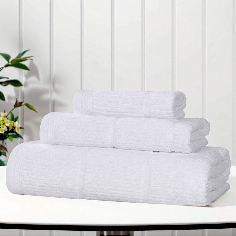 White 3-Piece Cotton Towel Set - Medium Weight Ribbed Towels, Superior Milo
