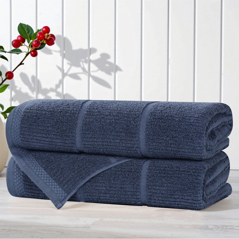 Navy Blue 2 Pack Bath Towels - Medium Weight Ribbed Cotton Towels - Superior Milo