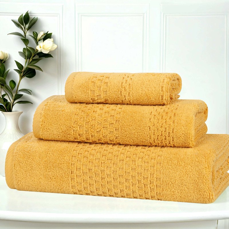 Gold Cotton Waffle Textured 3-Piece Towel Set - Superior Playa Zero Twist